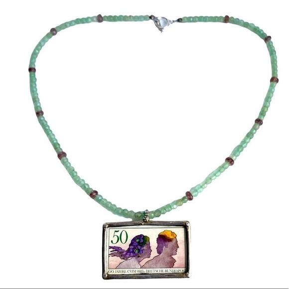 Vintage Gemstone Beaded Necklace AventurineHandmade Sterling Silver German‎